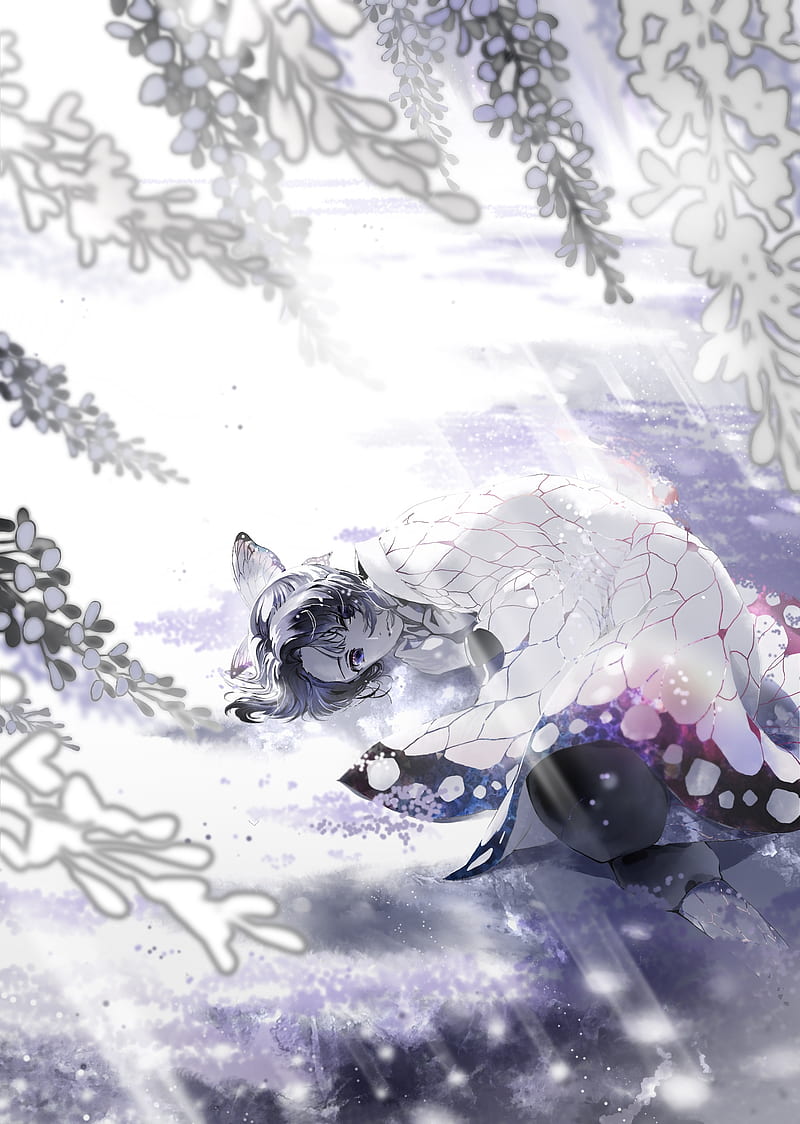 kochou shinobu, kimetsu no yaiba, lying down, winter, snow, Anime, HD phone wallpaper