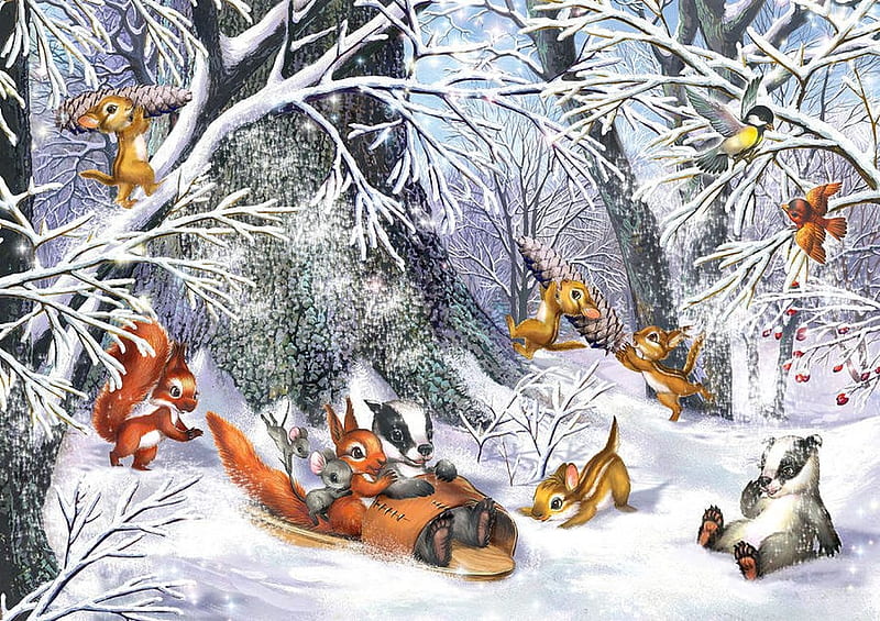 Winter Fun, forest, squirrel, birds, artwork, snow, skipmunk, mouse, painting, shoe, animals, HD wallpaper