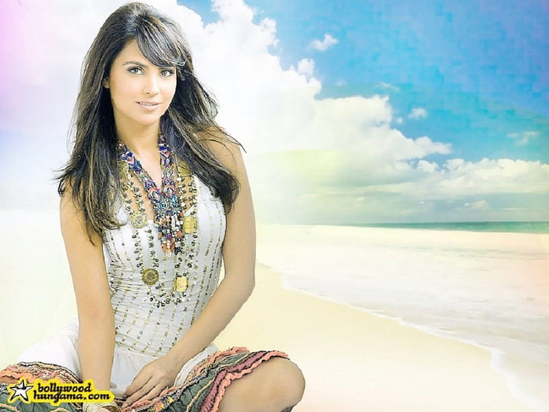 Lara Dutta, Dark hair, beach, sitting, sexy, HD wallpaper