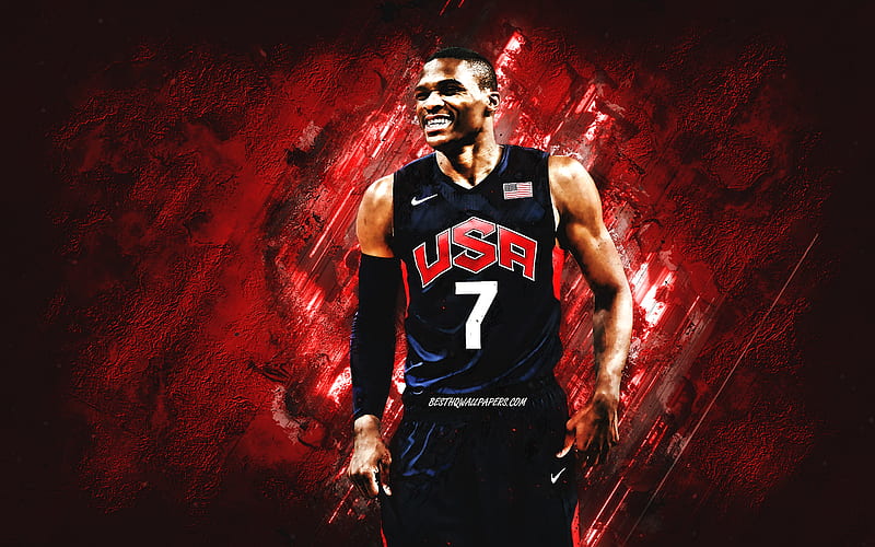 Russell Westbrook, USA national basketball team, USA, American basketball player, portrait, United States Basketball team, red stone background, HD wallpaper