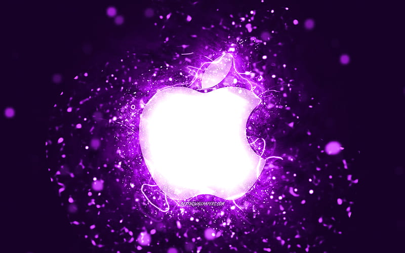 Apple violet logo, violet neon lights, creative, violet abstract background, Apple logo, brands, Apple, HD wallpaper
