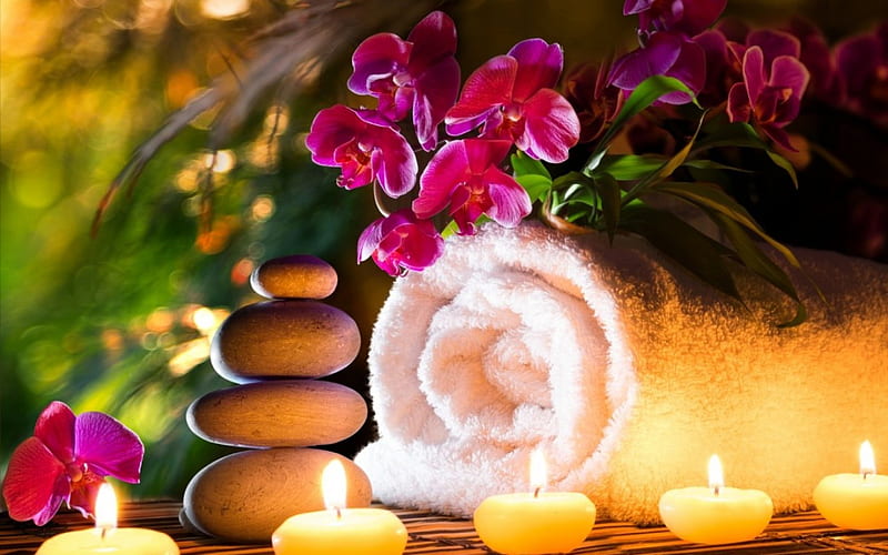 Spa Orchids Flowers Towel Spa Stone Candles Hd Wallpaper Peakpx