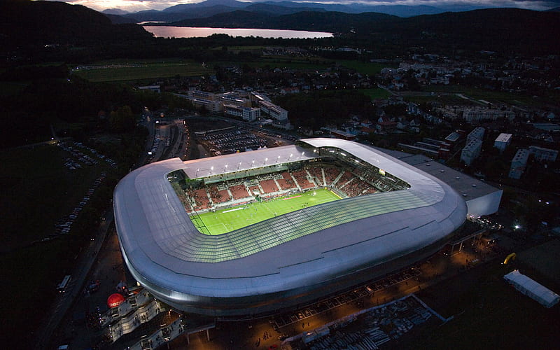 Worthersee Stadion, Klagenfurt, night, aerial view, Austria Klagenfurt stadium, Austria, Austrian stadiums, Europe, Austria Klagenfurt FC, HD wallpaper