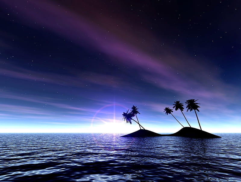 Purple Aurora, Stars, Purple, Aurora, Ocean, Island, Trees, Sky, Hd 