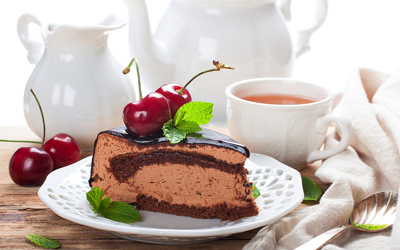 chocolate cake, sweets, chocolate dessert, cakes, cherry cake, tea, white cup, HD wallpaper