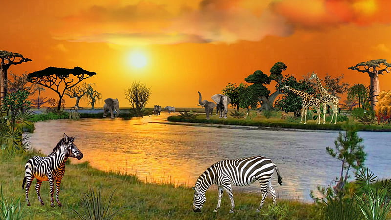 African River Sunset 1920x1080, Zebra, Elephants, Africa, Rivers, Animals, Giraffes, Sunsets, Nature, HD wallpaper