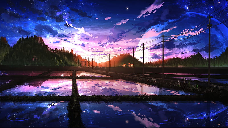 Anime Scenery, art, japanese, sunset, sky, rice, japan, fantasy, fields, orginal, scenery, HD wallpaper