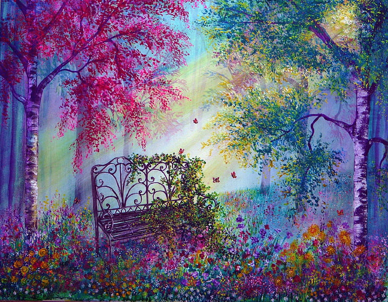 'The Forgotten Garden', colorful, draw and paint, grass, attractions in dreams, paintings, landscapes, flowers, scenery, butterfly designs, traditional art, most downloaed, colors, love four seasons, bench, creative pre-made, butterflies, trees, cool, acrylic on canvas, best of the best, garden, nature, HD wallpaper