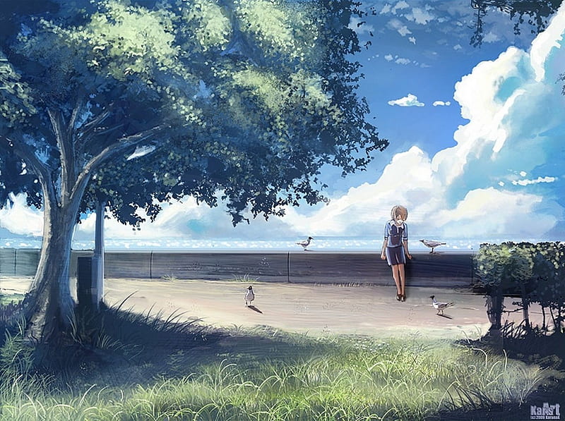 Alone, birds, park, sky, clouds, blond hair, sea, short hair, tree, girl, anime, nature, light, landscae, HD wallpaper