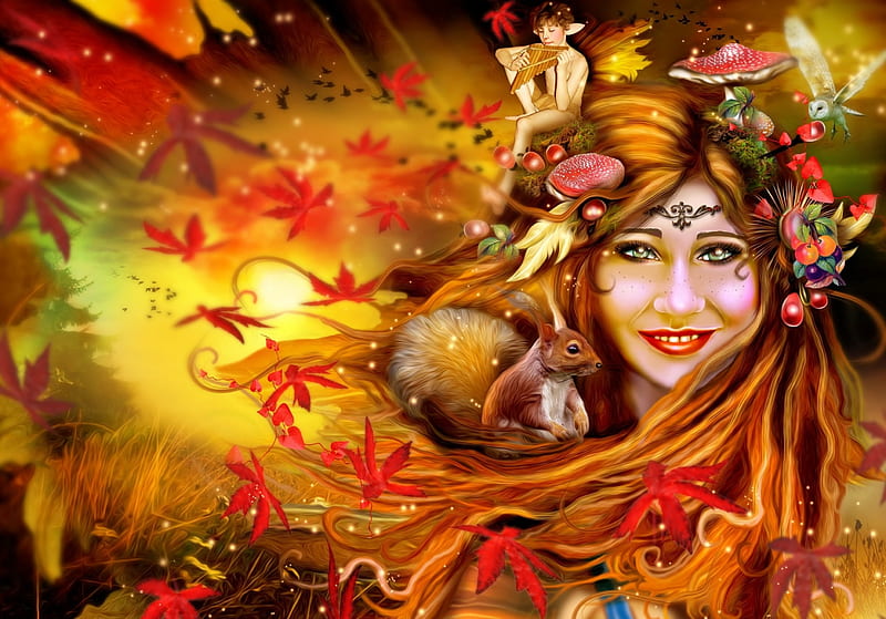 Autumn Elf, Girl, Mushroom, Leaves, Owl, HD wallpaper | Peakpx