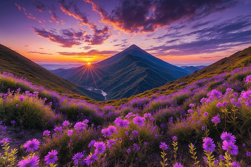 Purple mountain flowers at susnet, purple, sunset, view, spring, field, meadow, mountain, beautiful, flowers, sky, HD wallpaper