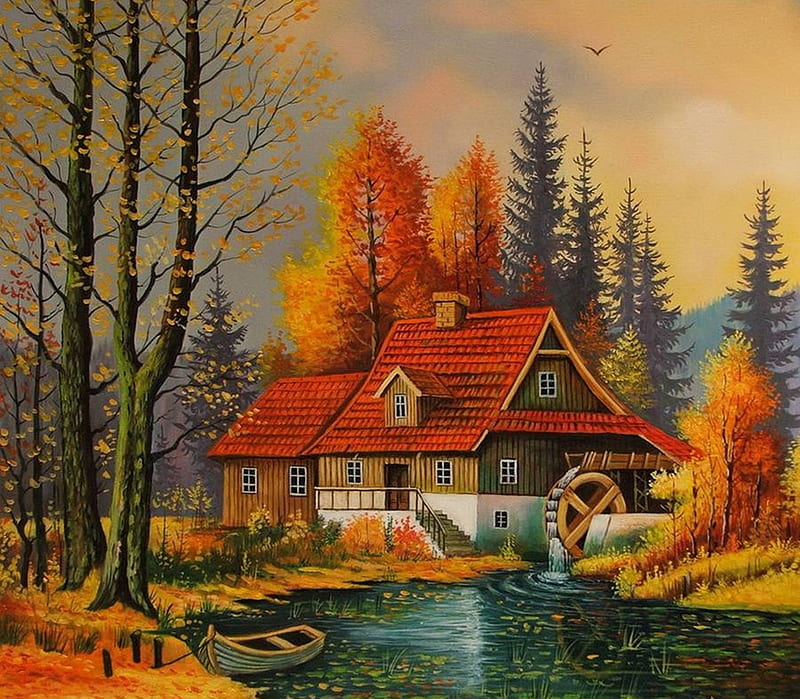Dream house, art, autumn, paintings, mountains, houses, beauty, nature,  rivers, HD wallpaper | Peakpx