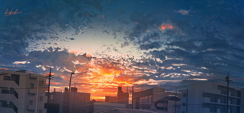 anime city, sunset, buildings, clouds, dawn, scenic, Anime, HD wallpaper