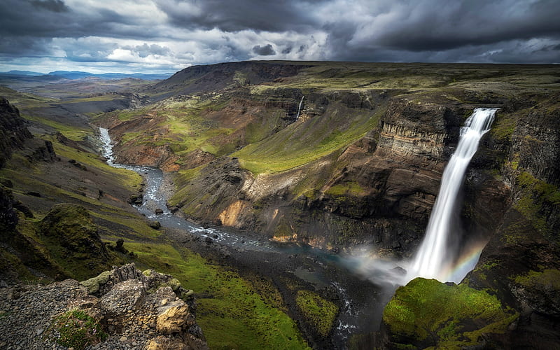 Haifoss Waterfall, Iceland, waterfall, nature, rainbow, iceland, HD ...