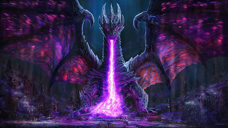 dragon, spitting purple fire, majestic, giant, wings, creature, Fantasy, HD wallpaper