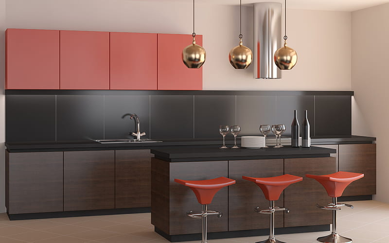 stylish black and red kitchen, modern interior design, stylish interior, kitchen, minimalism, HD wallpaper