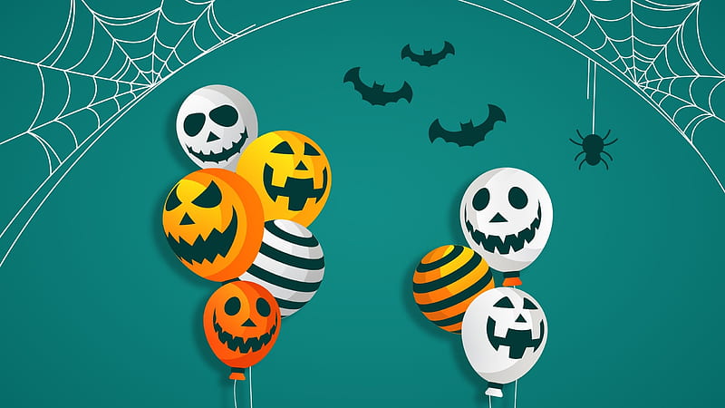 Happy Halloween!, balloon, halloween, web, bat, yellow, spider, blue, card, HD wallpaper