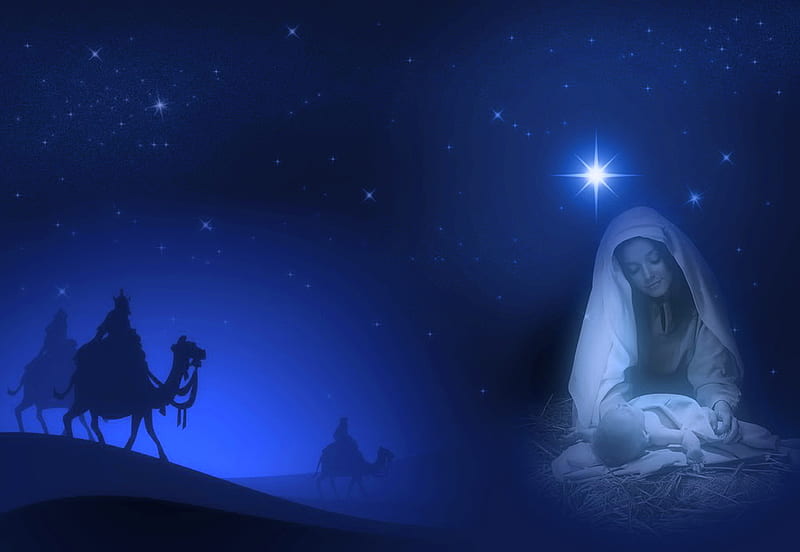 Oh Holy Night, christmas, birth of christ, wise men, mary, blue, night, star, HD wallpaper