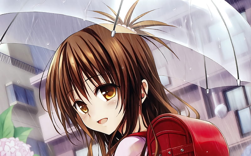 Mikan Yuuki, girl with umbrella, Momo Velia Deviluke, rain, To LOVE-Ru, artwork, Yuki Mikan, manga, princess, HD wallpaper