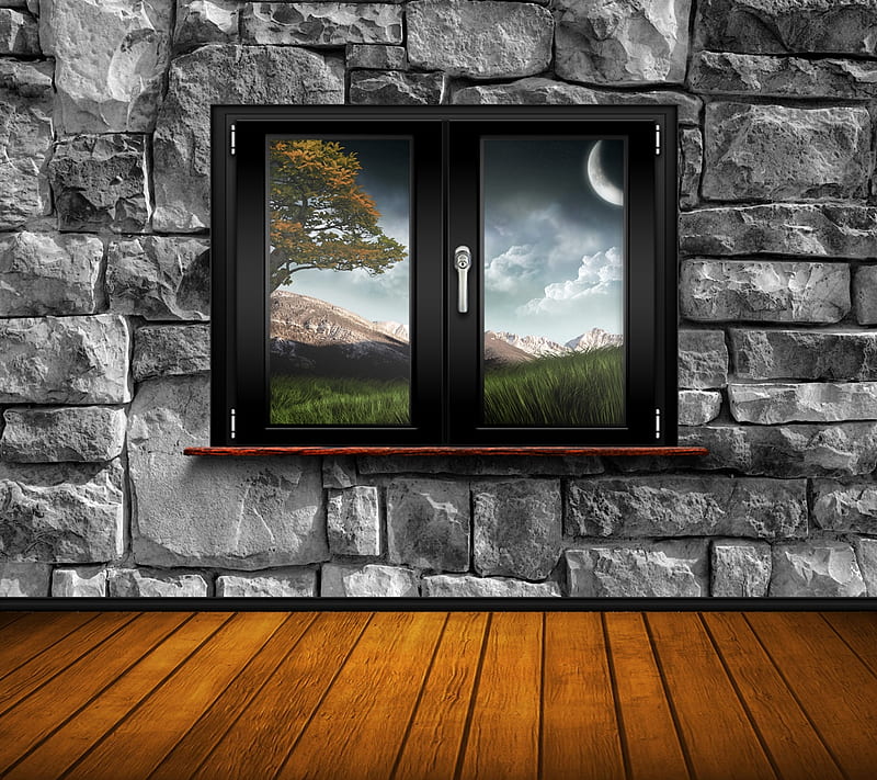 3d Window, 3d, bricks, cabin, cool, desenho, house, new, stone, view, window, HD wallpaper