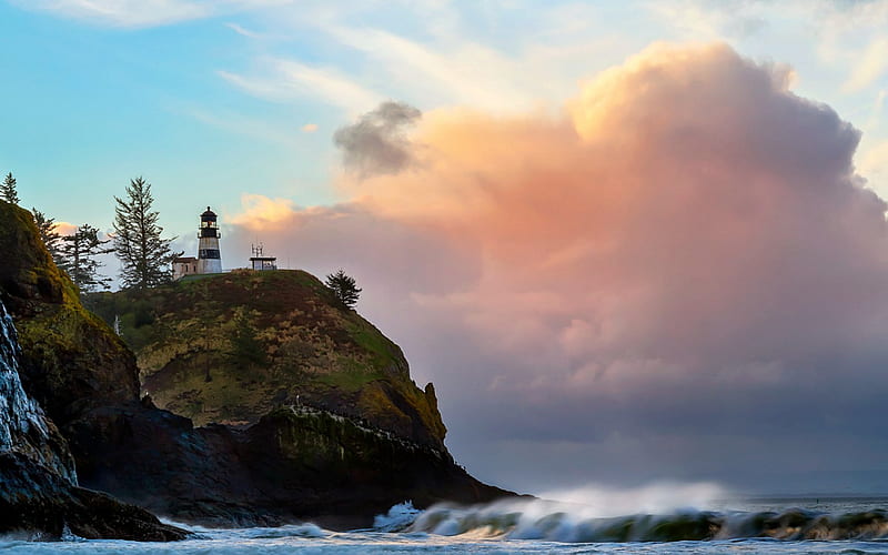 Cape Disappointment Lighthouse, Washington, beach, USA, Lighthouse, Rock, HD wallpaper