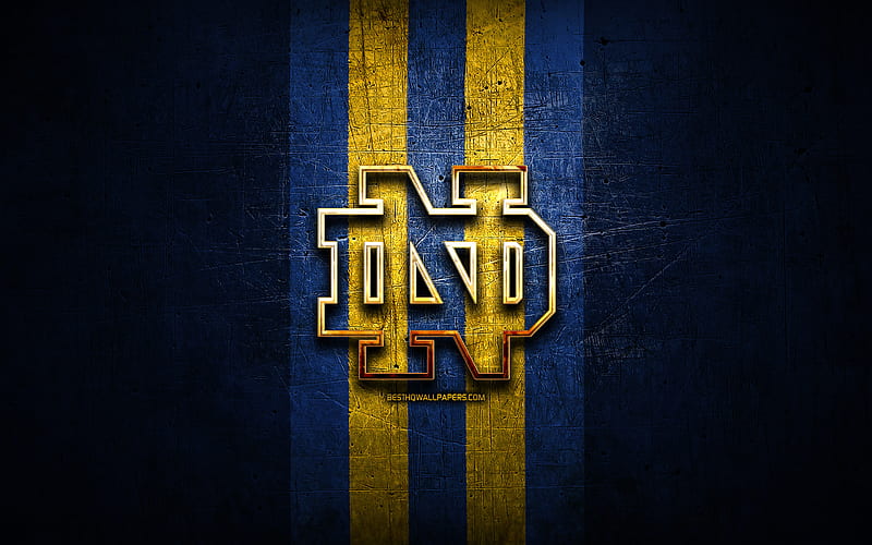 Notre Dame Fighting Irish, golden logo, NCAA, blue metal background, american football club, Notre Dame Fighting Irish logo, american football, USA, HD wallpaper