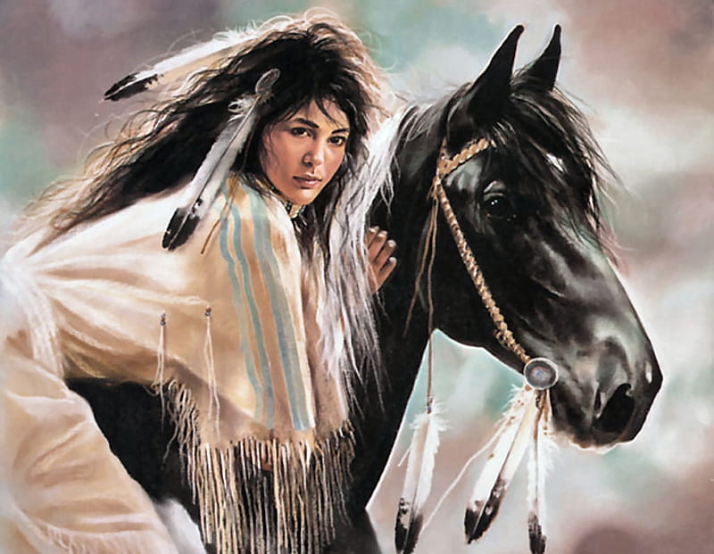 Mourning Dove F, art, equine, bonito, horse, illustration, artwork, painting, wide screen, Native American, landscape, HD wallpaper