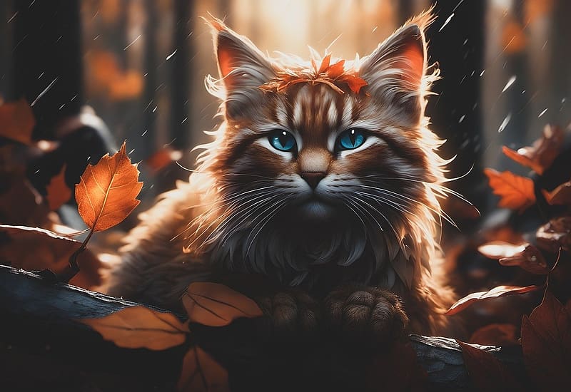 Kitten in the autumn forest, falevelek, szemek, cica, osz, erdo, fak, nacska, bolyhos, hazi kedvenc, eso, HD wallpaper