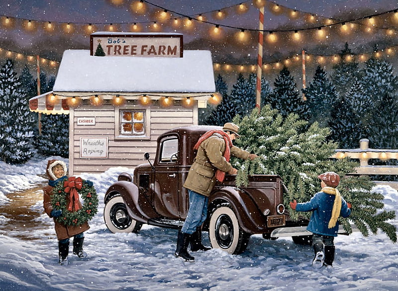 Claiming the Christmas Tree F2Cmp, Christmas, wreath, art, holiday, December, children, illustration, artwork, tree farm, painting, wide screen, occasion, scenery, HD wallpaper