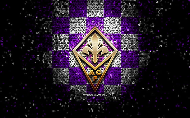 Fiorentina FC, glitter logo, Serie A, violet white checkered background, soccer, ACF Fiorentina, italian football club, Fiorentina logo, mosaic art, football, Italy, HD wallpaper