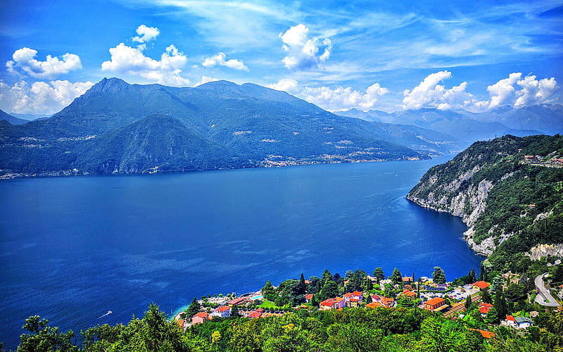 Lake Como, summer, mountains, blue sky, Italy, HD wallpaper