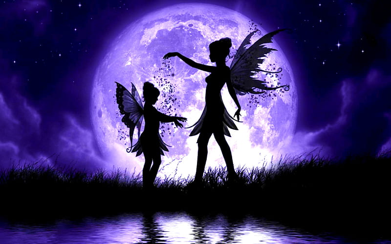 fairies, night, moon, female silhouettes, HD wallpaper