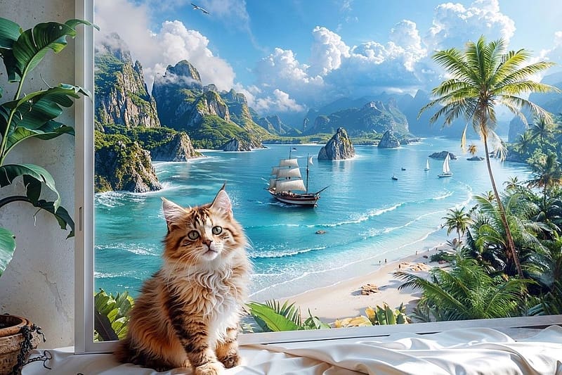A cat sits in the window with a sea view in the background, macska, tengerpart, hazi kedvenc, sziklak, hajo, szigetek, tenger, palmafak, ablak, HD wallpaper