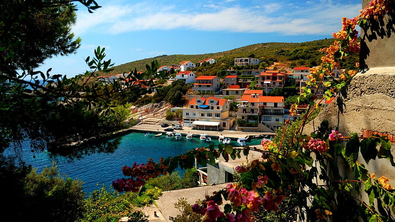 lovely town on korcula island in croatia, town, island, trees, hill, harbor, HD wallpaper