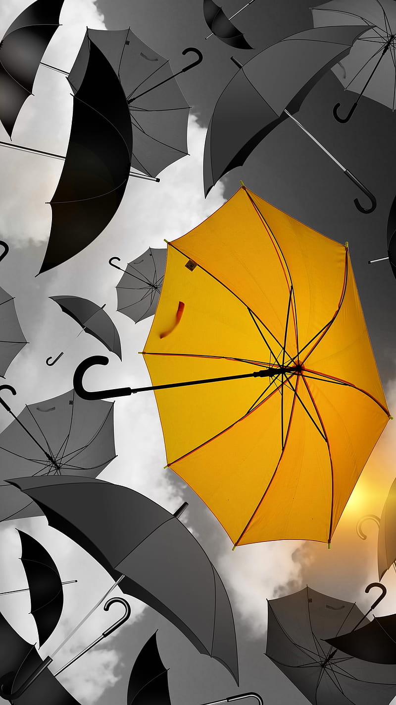 Yellow umbrella, black, sky, umbrella, umbrellas, wind, yellow, HD phone  wallpaper | Peakpx