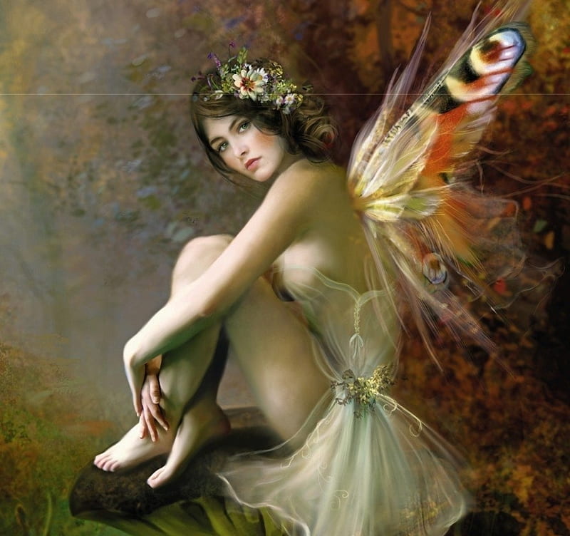 Fairy, art, wings, fantasy, bente schlick, girl, luminos, flower, HD wallpaper