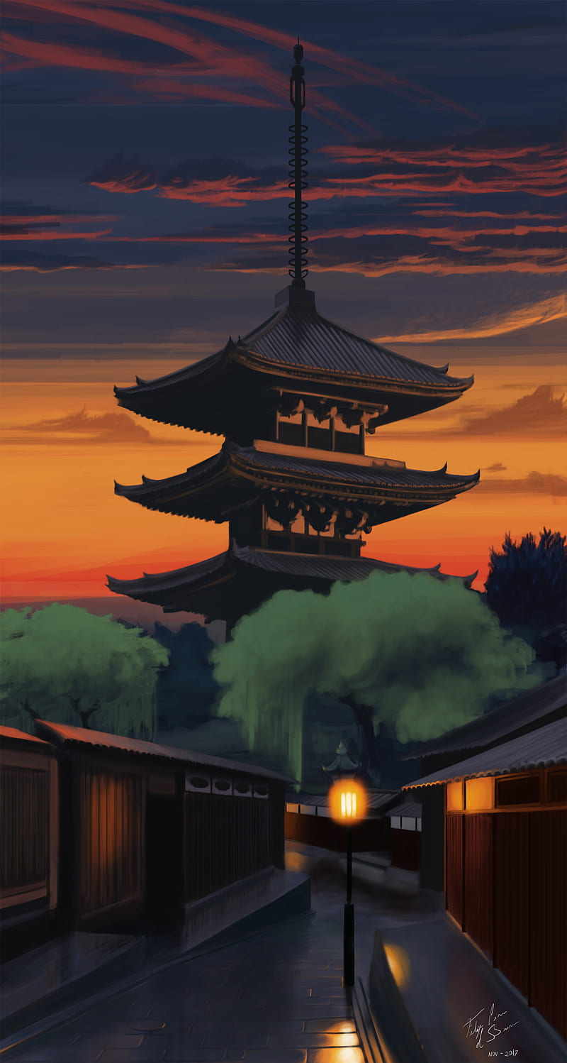 pagoda, temple, building, dusk, art, HD phone wallpaper