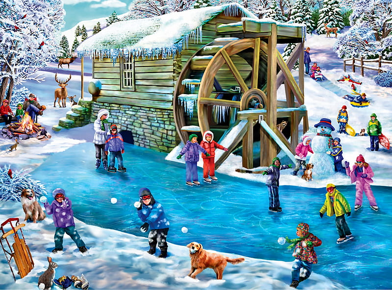 Frozen Fun 1, playing, art, mill, children, bonito, illustration, artwork, winter, snow, painting, wide screen, four seasons, river, scenery, frozen, landscape, HD wallpaper