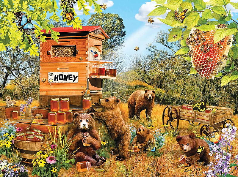 Bears &Bees, bee, hive, bears, honey, tree, HD wallpaper