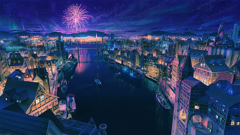 anime cityscape, night, fireworks, scenic, stars, sky, Anime, HD wallpaper