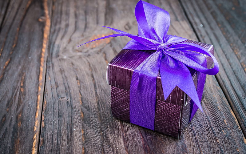 Gift, purple, box, valentine, bow, wood, card, HD wallpaper