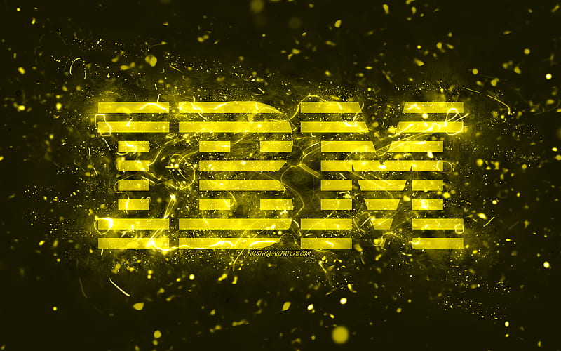 IBM yellow logo, , yellow neon lights, creative, yellow abstract background, IBM logo, brands, IBM, HD wallpaper