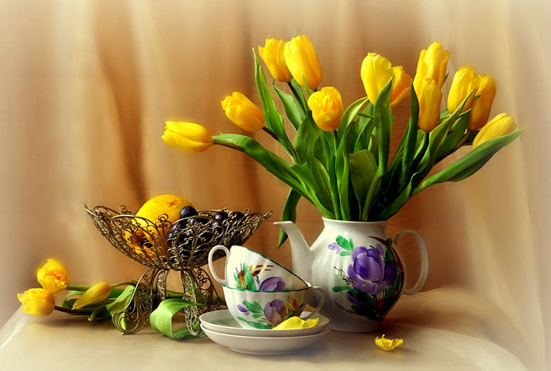 Bright And Beautiful, table, saucer, lemon, teapot, draper, still life, yellow tulips, teacups, flowers, tulips, compote, wire compote, HD wallpaper