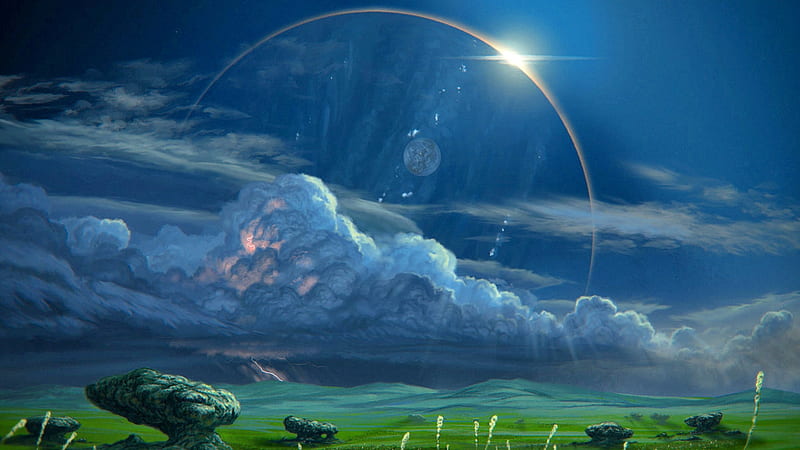 Alignment, fantasy, moon, sun, planet, clouds, storm, star, landscape, HD wallpaper