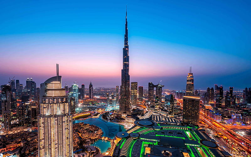 Burj Khalifa, Dubai, UAE, evening, sunset, cityscape, the highest skyscraper in the world, Dubai skyline, skyscrapers, United Arab Emirates, HD wallpaper