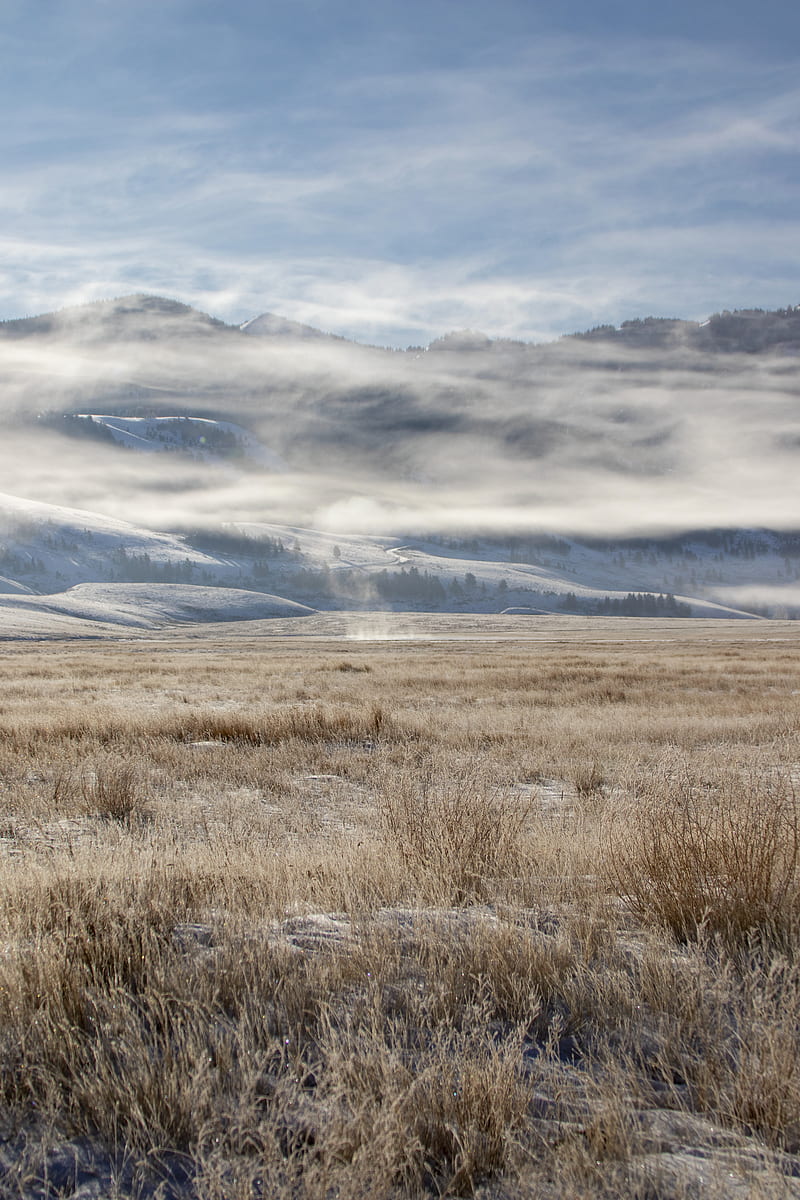 field, hills, clouds, snow, landscape, HD phone wallpaper