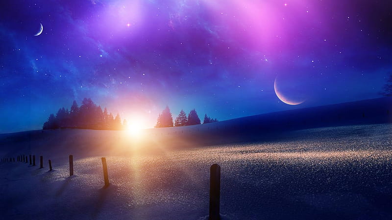 Another world vol3, space, sun rays, sunset, cosmos, planets, stars, moons, sky, purple, universe, landscape, HD wallpaper