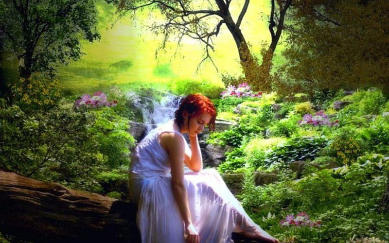 a pensive moment, forest, art, dress, girl, white, HD wallpaper