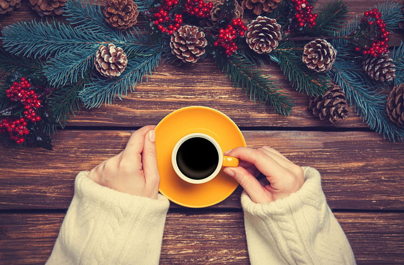 Feliz navidad café, piñas, mesa, feliz navidad café, musgo, guirnalda de navidad, Fondo de pantalla HD | Peakpx