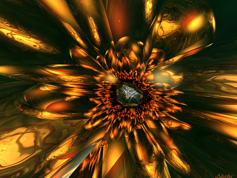 Gold Sunflower, curves, gold, flower, sunflower, waves, abstract, HD